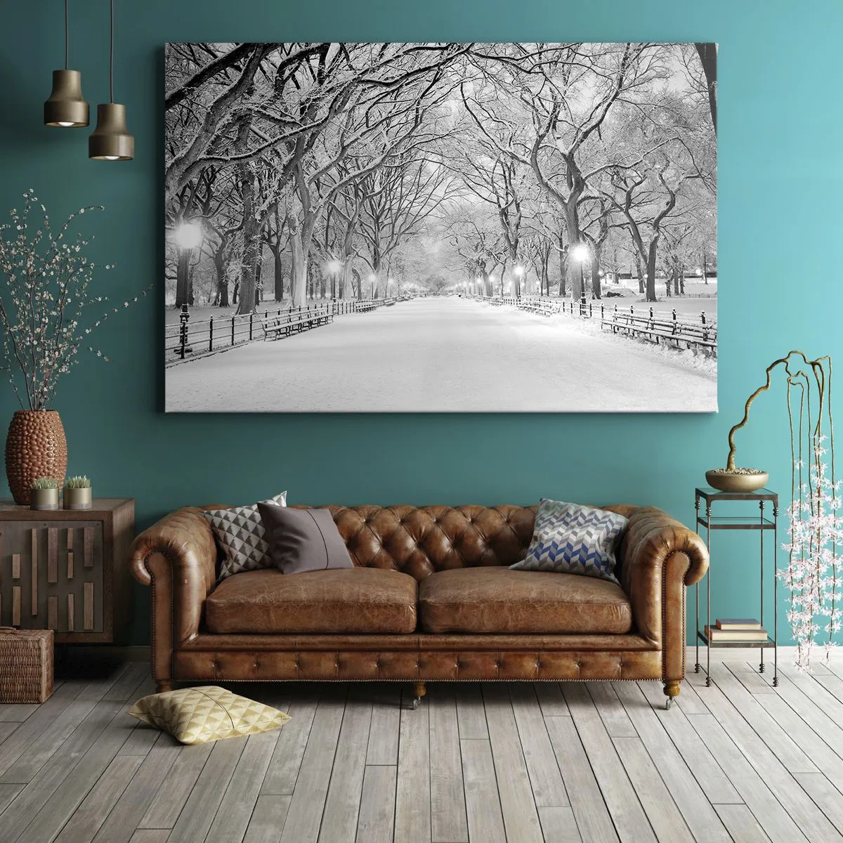 Schilderen op canvas - Een wintersteegje met besneeuwde bomen in monochrome kleuren - 70x50cm - Vier seizoenen - winter - Moderne wanddecoratie voor woonkamer en slaapkamer ARTTOR