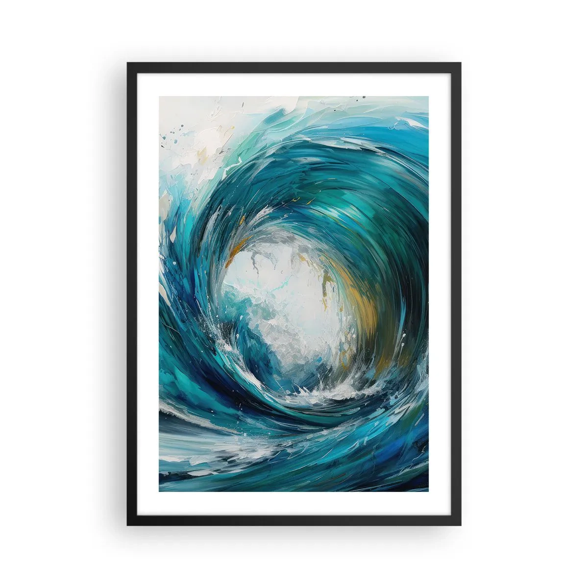 Poster in een zwarte lijst - Abstracte golf in tinten turquoise, blauw en wit - 50x70cm - Zeeportaal - Moderne wanddecoratie voor woonkamer en slaapkamer ARTTOR