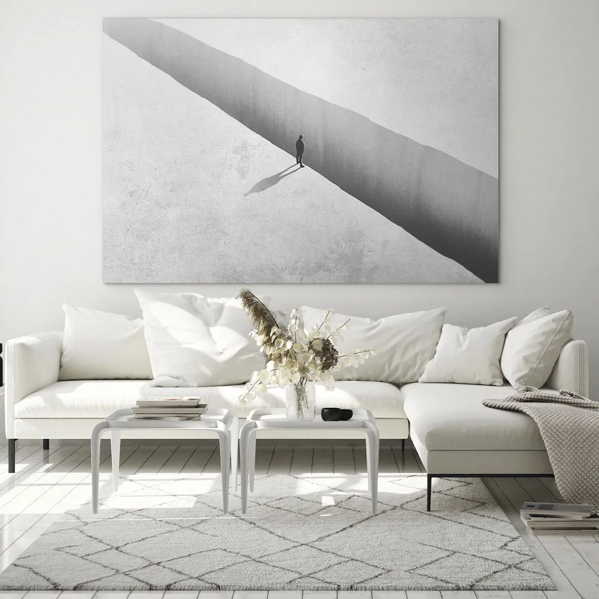 Schilderen op glas - Een minimalistisch silhouet boven een afgrond in een lichte ruimte - 70x50cm - Een duidelijk doel - Moderne wanddecoratie voor woonkamer en slaapkamer ARTTOR