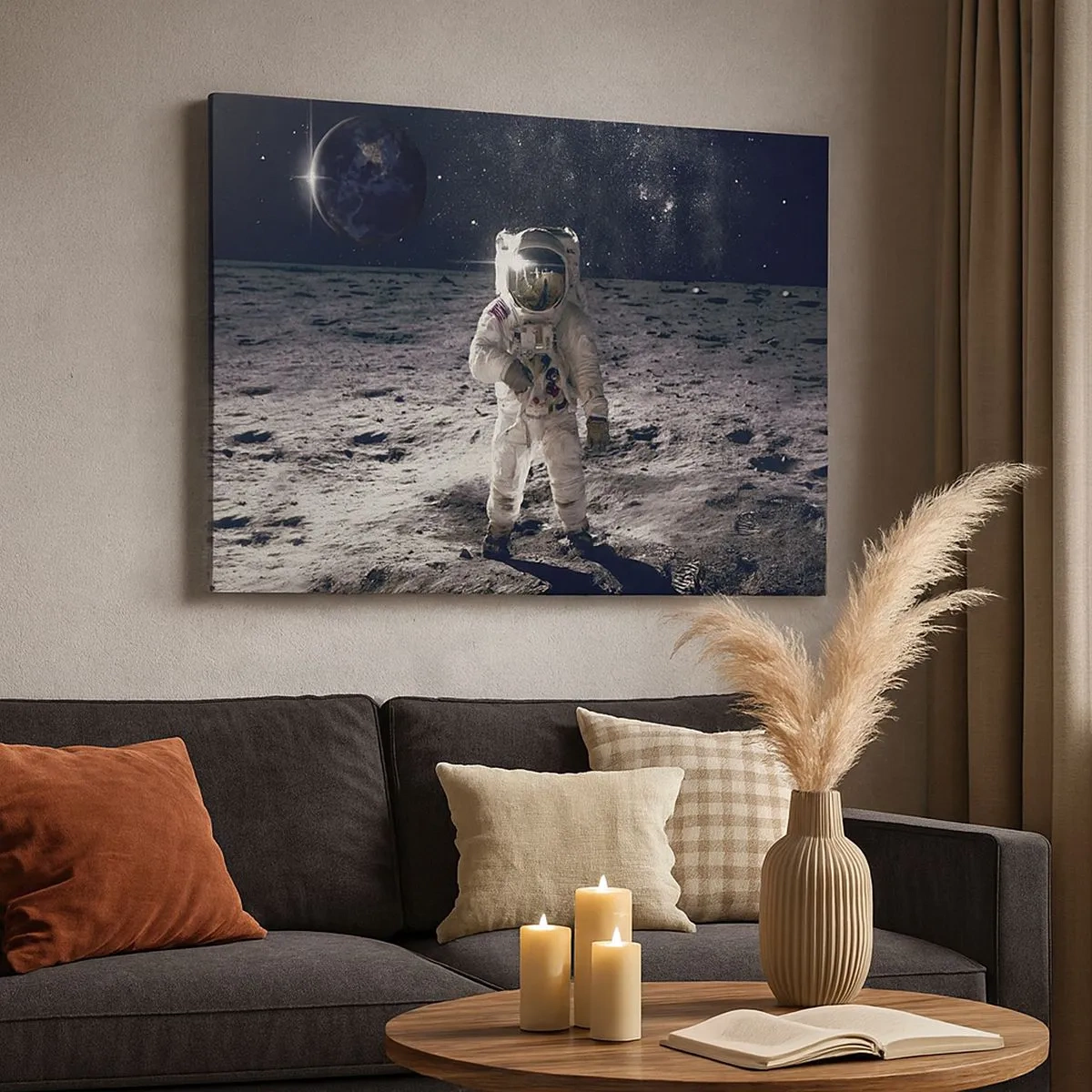 Schilderen op canvas - Astronaut op het maanoppervlak met de aarde op de achtergrond - 70x50cm - Groetjes van de maan - Moderne wanddecoratie voor woonkamer en slaapkamer ARTTOR