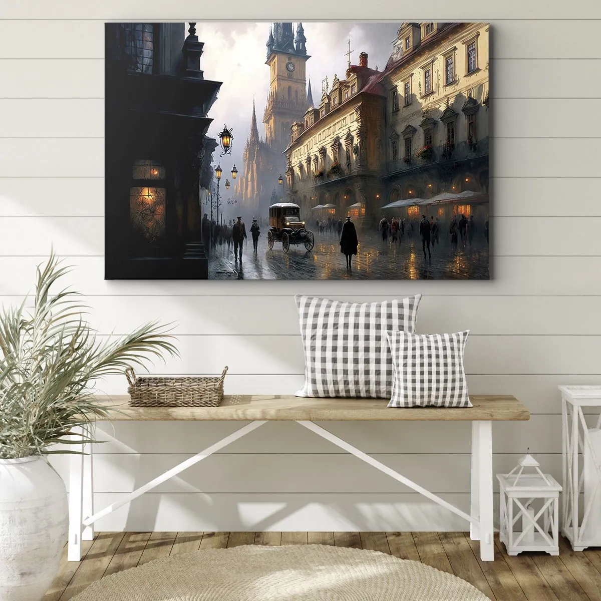 Schilderen op canvas - Avondstraatbeeld met historische architectuur - 70x50cm - De charme van een Praagse avond - Moderne wanddecoratie voor woonkamer en slaapkamer ARTTOR