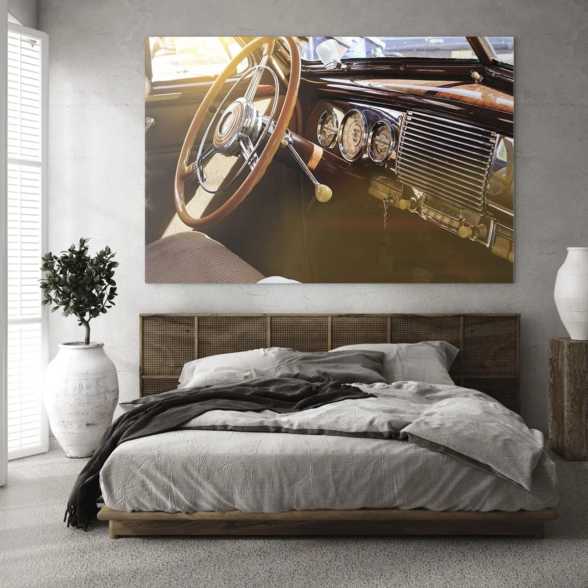 Schilderen op glas - Interieur van een klassieke auto met een houten stuurwiel - 70x50cm - Een adem van luxe uit het verleden - Moderne wanddecoratie voor woonkamer en slaapkamer ARTTOR