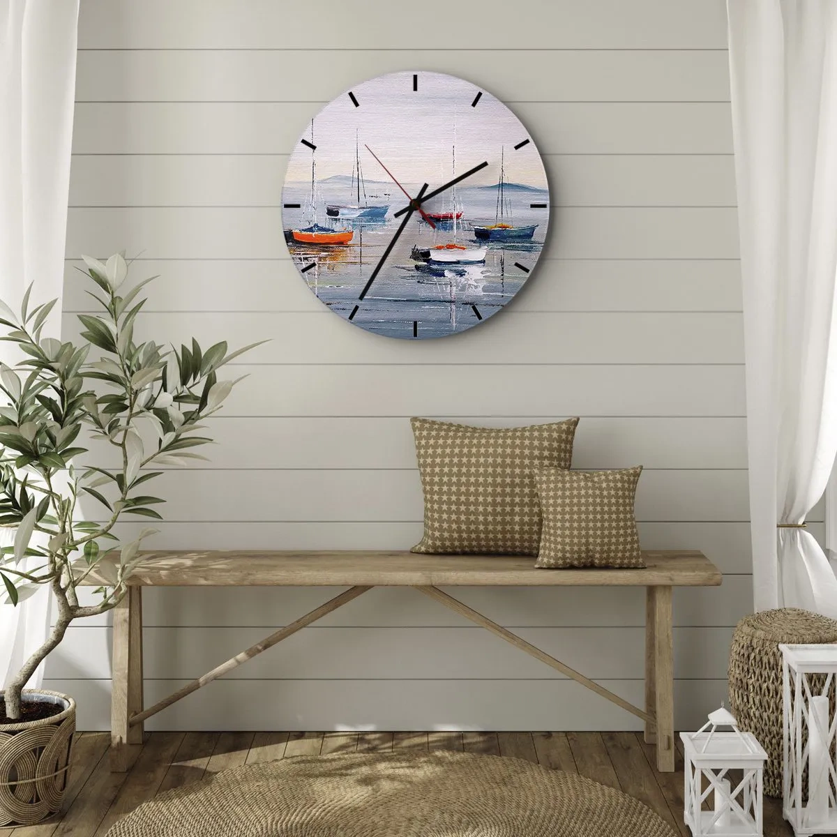 Wandklok - Klok - Kleurrijke boten meren vredig aan op het wateroppervlak - 30x30cm - Een welverdiende rust - Moderne wanddecoratie voor woonkamer, keuken en slaapkamer ARTTOR