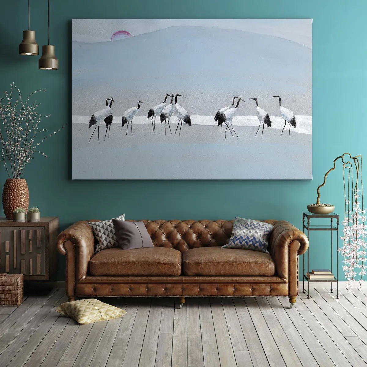 Schilderen op canvas - Een groep kraanvogels tegen een blauwe lucht en de opkomende zon - 70x50cm - Na een warme dag - Moderne wanddecoratie voor woonkamer en slaapkamer ARTTOR