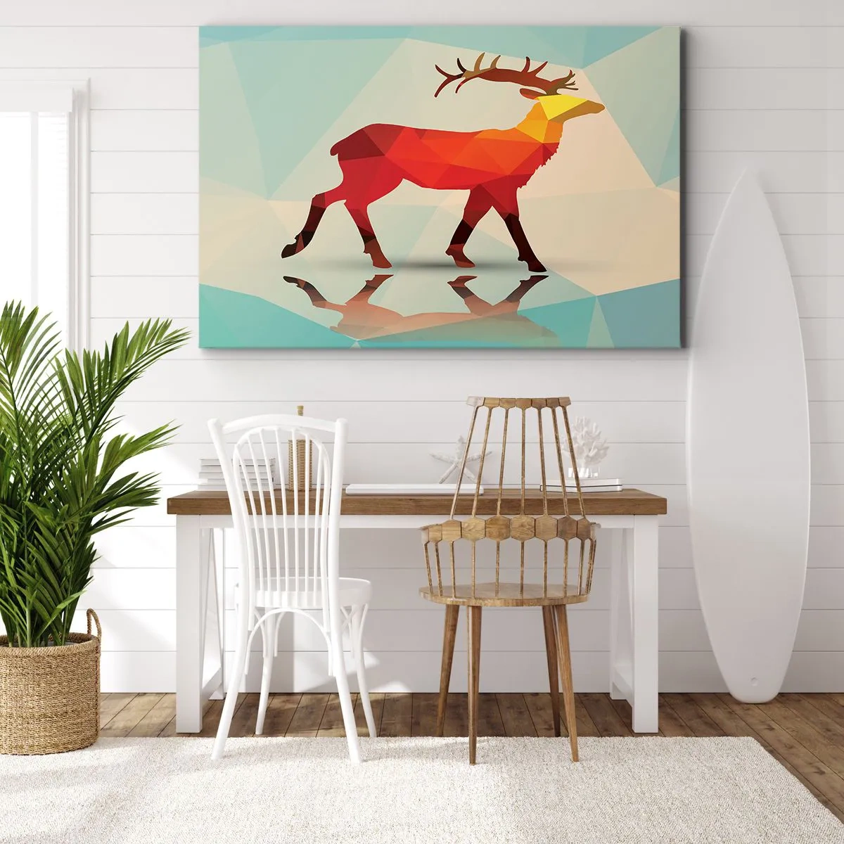Schilderen op canvas - Geometrisch silhouet van een hert in tinten rood en oranje - 70x50cm - Geometrische hert - Moderne wanddecoratie voor woonkamer en slaapkamer ARTTOR