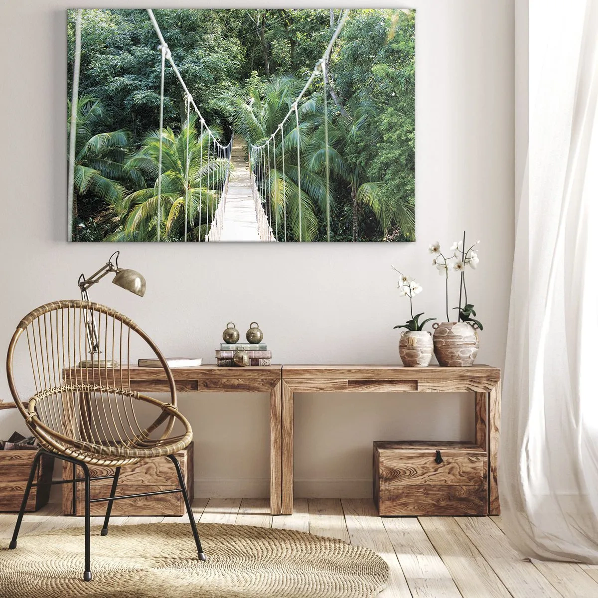 Schilderen op canvas - Een hangbrug in een tropische jungle vol groen - 70x50cm - Welkom in de jungle! - Moderne wanddecoratie voor woonkamer en slaapkamer ARTTOR