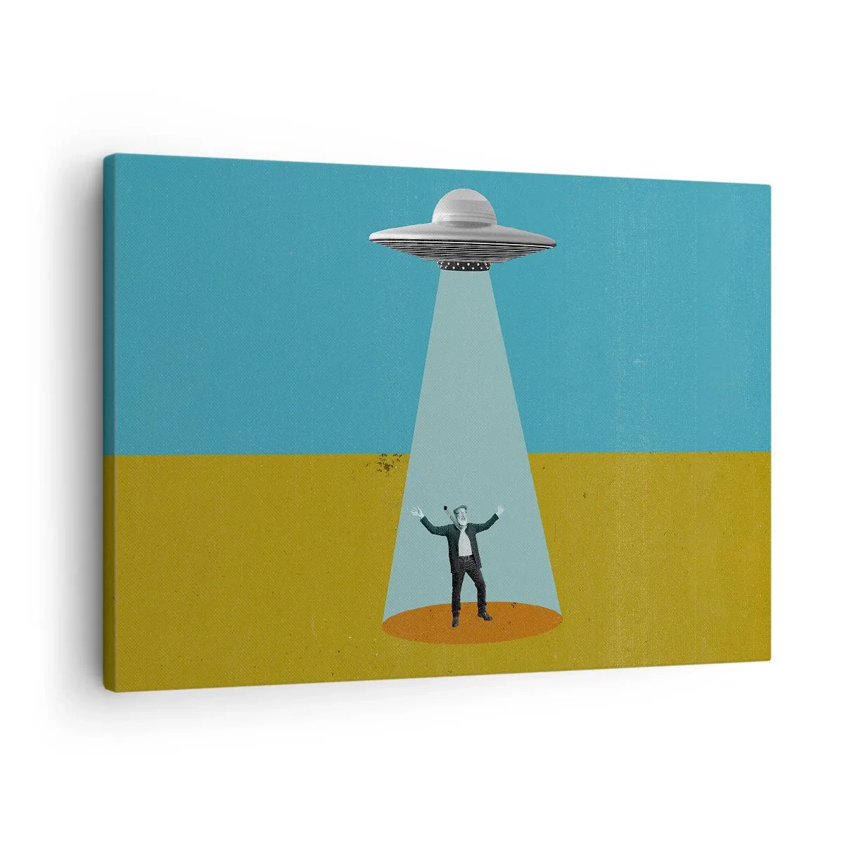 Schilderen op canvas - Een man in het licht van een UFO tegen de achtergrond van een kleurrijk landschap - 70x50cm - Een nauwe ontmoeting - Moderne wanddecoratie voor woonkamer en slaapkamer ARTTOR