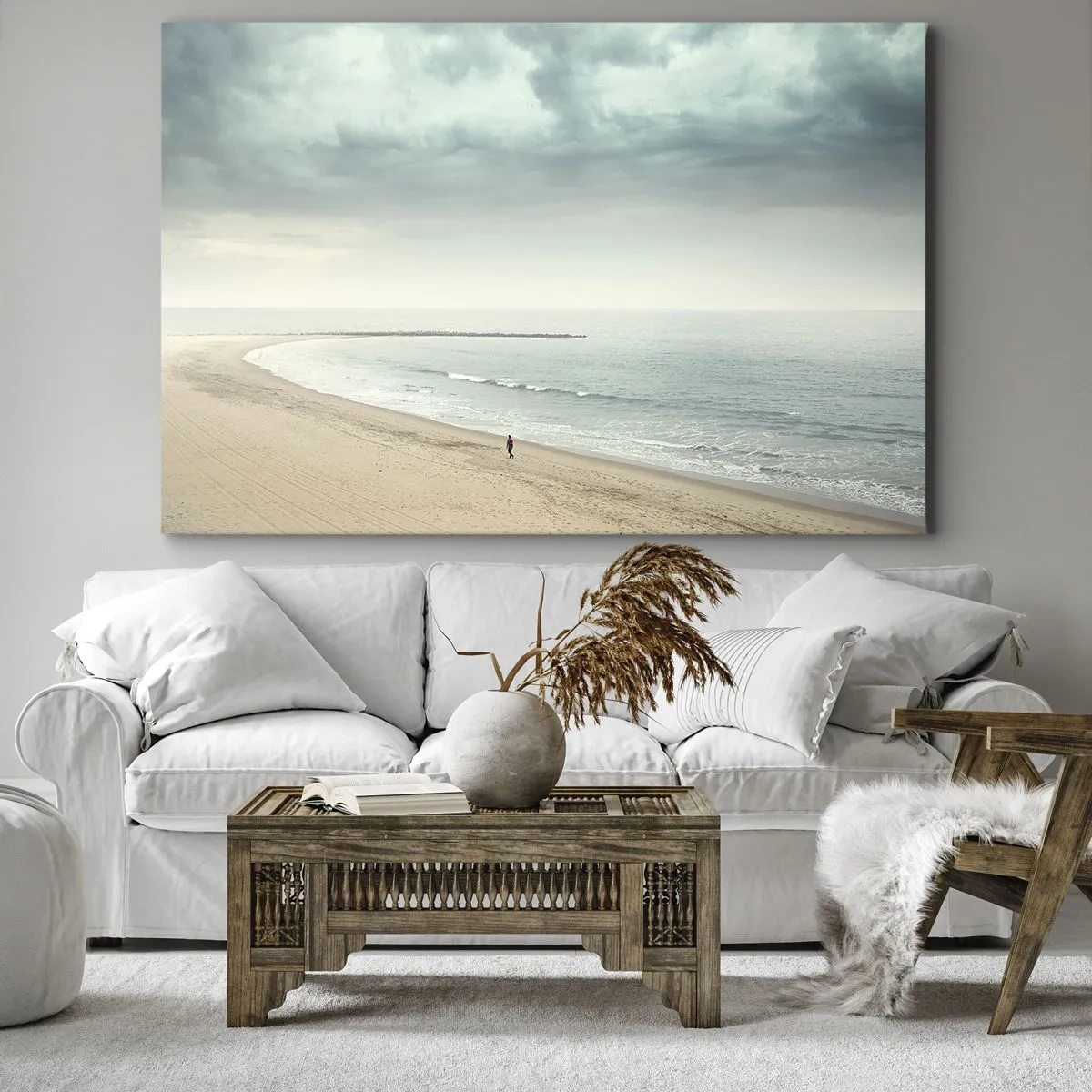 Schilderen op canvas - Een eenzame figuur op een verlaten strand aan een kalme zee - 70x50cm - op zoek naar vrede - Moderne wanddecoratie voor woonkamer en slaapkamer ARTTOR