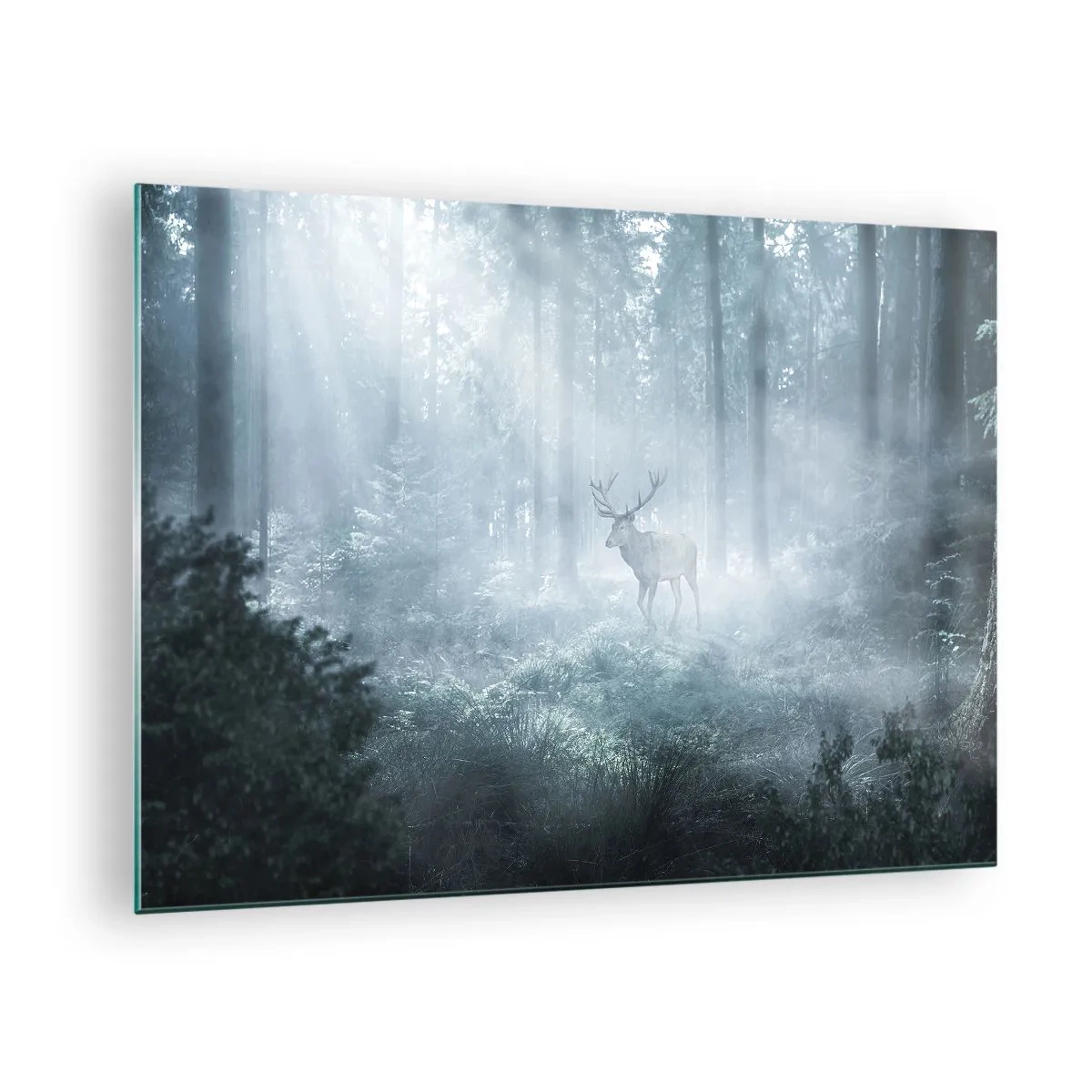 Schilderen op glas - Een hert in een mistig bos, verlicht door de stralen van de ochtendzon - 70x50cm - Ochtendbezoek aan het landgoed - Moderne wanddecoratie voor woonkamer en slaapkamer ARTTOR