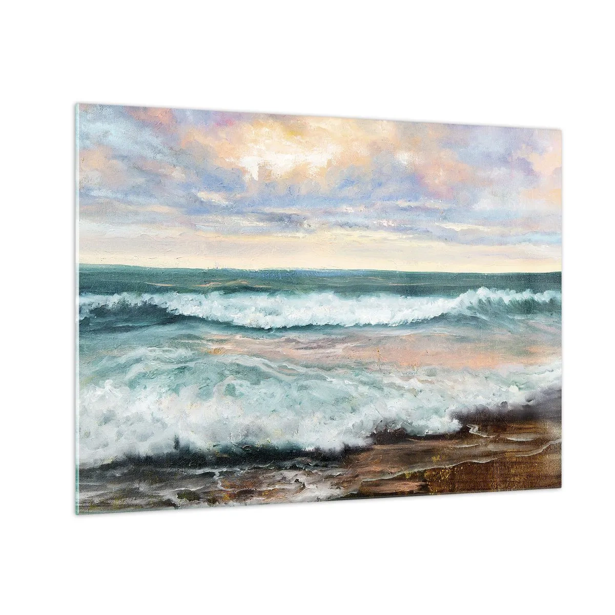 Schilderen op glas - Een schilderij waarop golven tegen de kust beuken - 70x50cm - Hier maak je je ziel glad - Moderne wanddecoratie voor woonkamer en slaapkamer ARTTOR