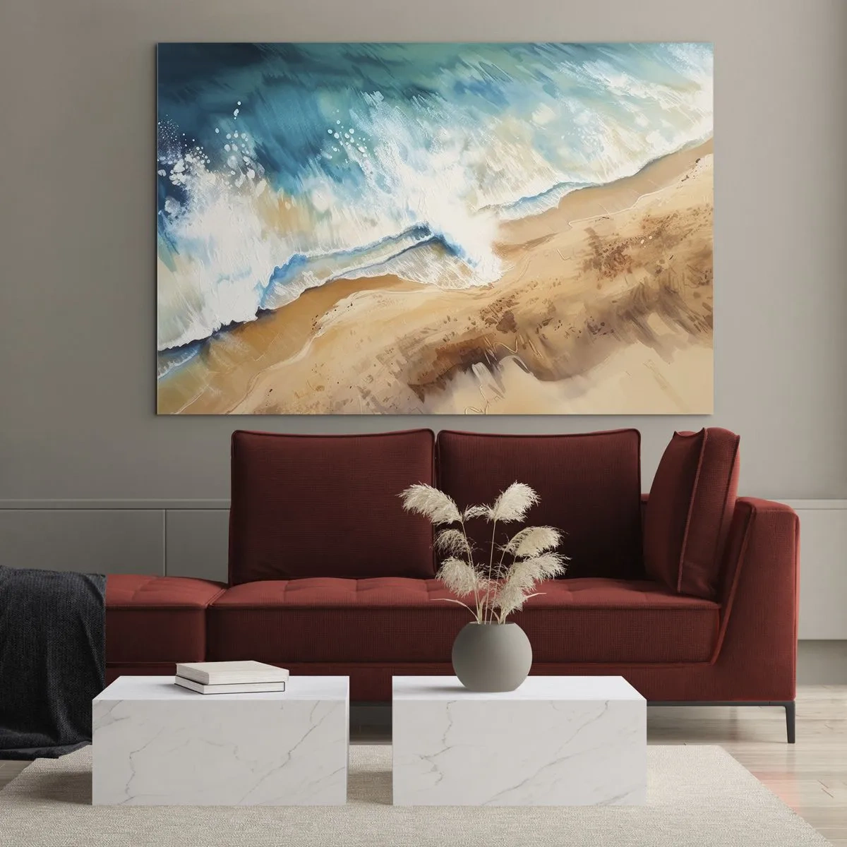Schilderen op glas - Een vogelperspectief van een blauwe zeegolf die tegen een zandige kust beukt - 70x50cm - De terugkerende golf - Moderne wanddecoratie voor woonkamer en slaapkamer ARTTOR