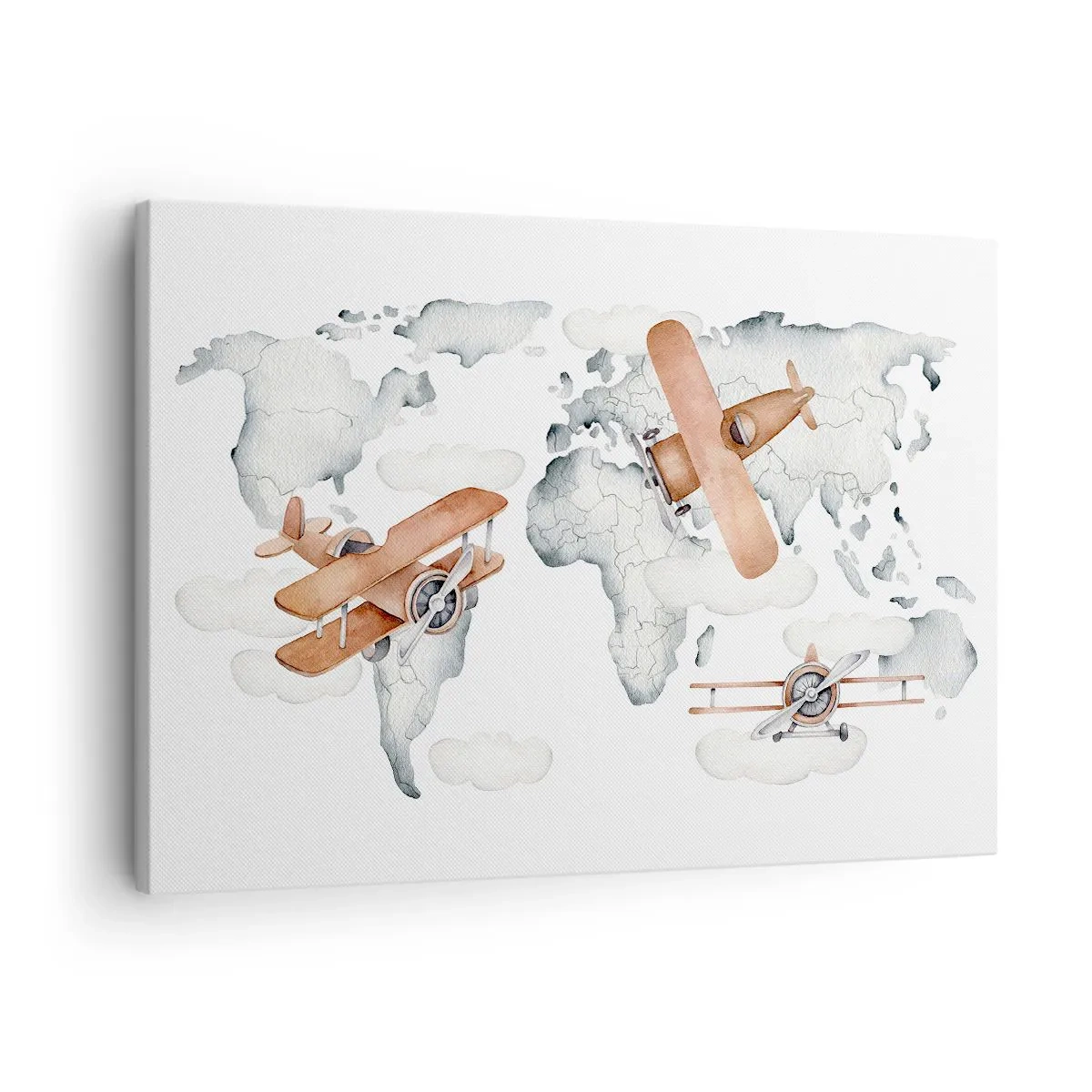 Schilderen op canvas - Illustratie van een wereldkaart met vliegtuigen - 70x50cm - In een pioniersgeest - Moderne wanddecoratie voor woonkamer en slaapkamer ARTTOR