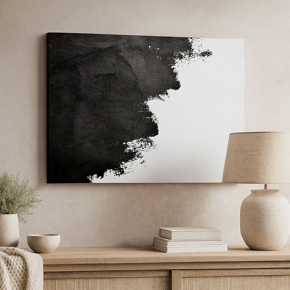 Schilderen op canvas - Zwart-wit abstractie met contrasterende penseelstreken - 70x50cm - Elementen: aarde - Moderne wanddecoratie voor woonkamer en slaapkamer ARTTOR