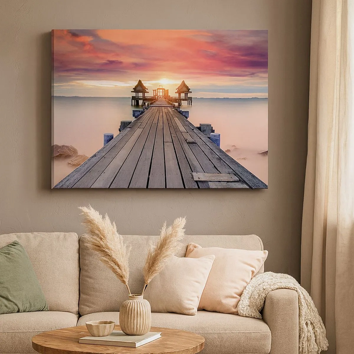 Schilderen op canvas - Houten pier die naar prieelen leidt bij zonsondergang - 70x50cm - West in het Oosten - Moderne wanddecoratie voor woonkamer en slaapkamer ARTTOR