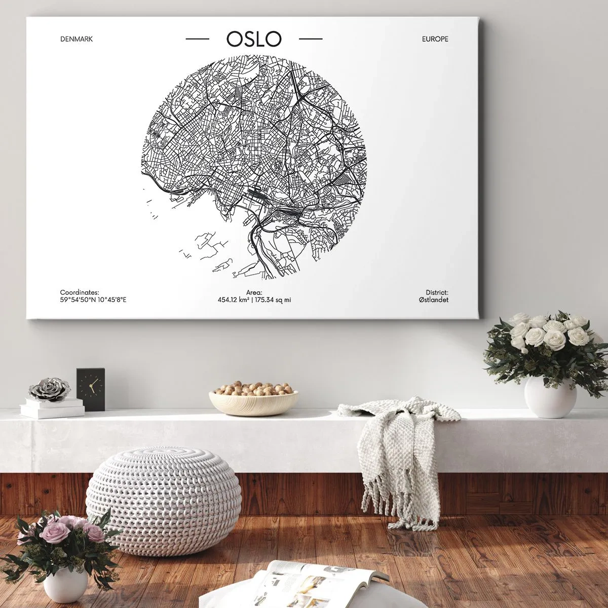Schilderen op canvas - Een kaart van Oslo in minimalistische zwart-witstijl. - 70x50cm - Anatomie van Oslo - Moderne wanddecoratie voor woonkamer en slaapkamer ARTTOR