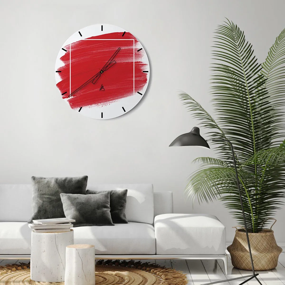 Wandklok - Klok - Rode penseelstreek die een witte rand kruist - 30x30cm - Uit het frame - Moderne wanddecoratie voor woonkamer, keuken en slaapkamer ARTTOR