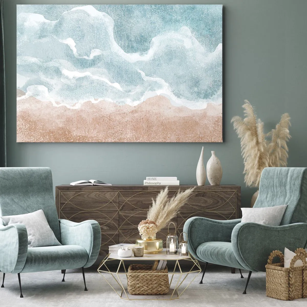 Schilderen op canvas - Abstract strand met golven in tinten blauw en beige - 70x50cm - Wolkenabstractie - Moderne wanddecoratie voor woonkamer en slaapkamer ARTTOR