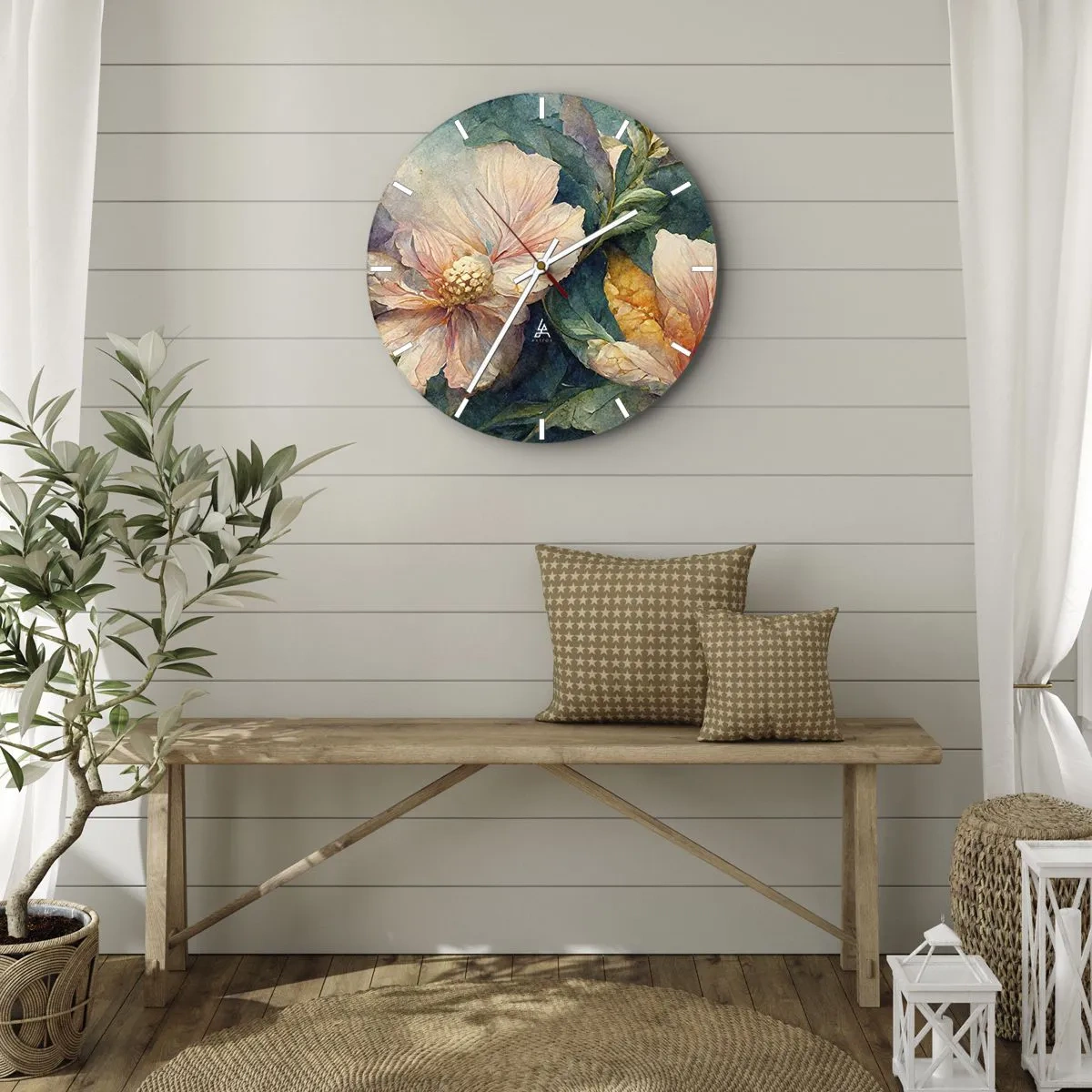 Wandklok - Klok - Delicate bloemen in pastelkleuren met groene bladeren - 30x30cm - Gewoon subtiliteit - Moderne wanddecoratie voor woonkamer, keuken en slaapkamer ARTTOR