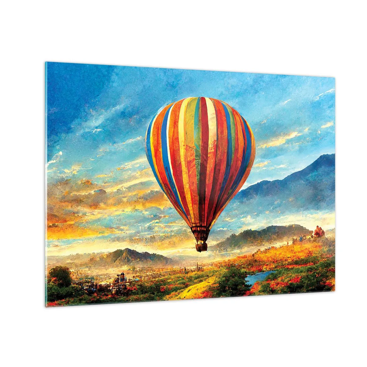 Schilderen op glas - Een kleurrijke ballon die over een berglandschap zweeft - 70x50cm - In stilte zie je meer - Moderne wanddecoratie voor woonkamer en slaapkamer ARTTOR