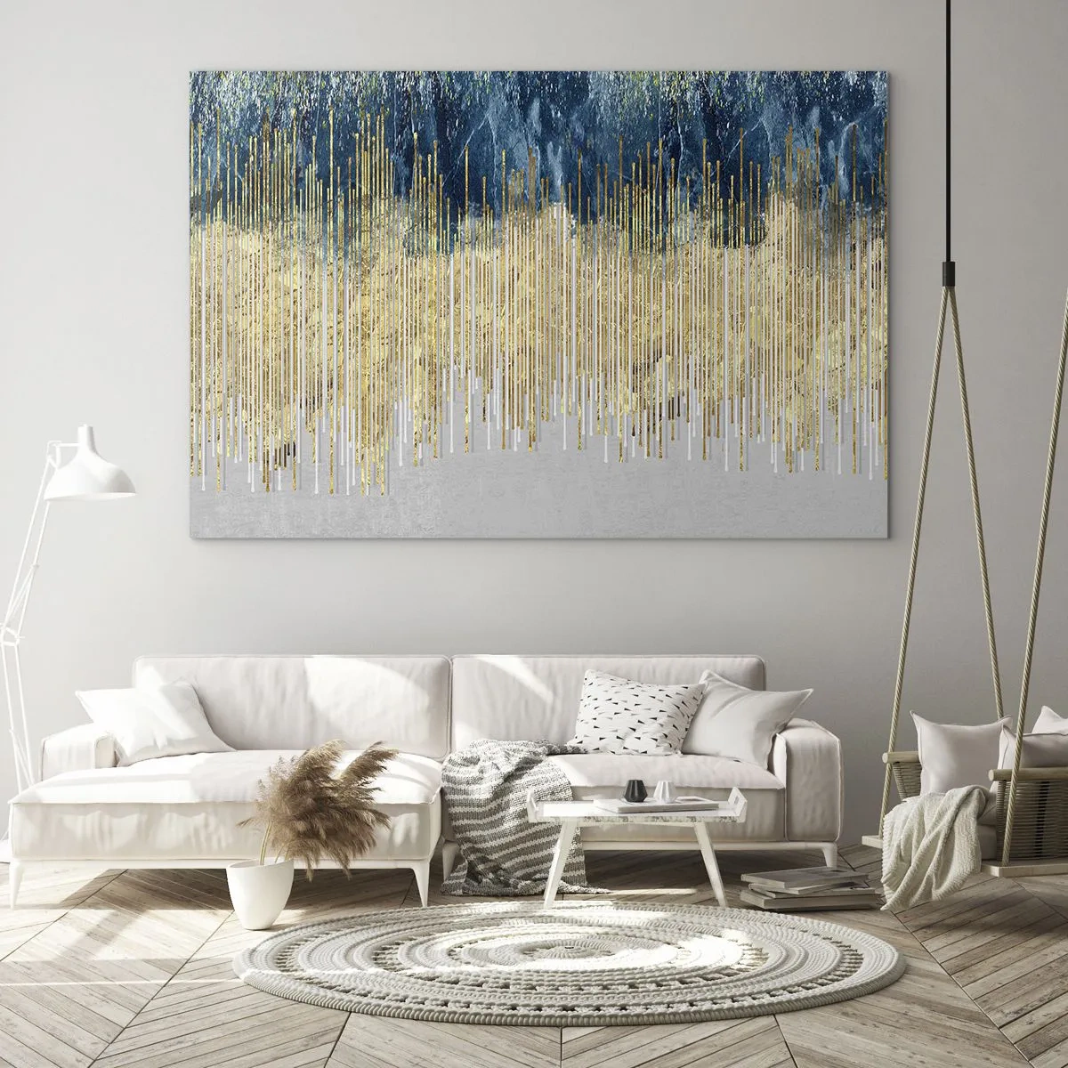 Schilderen op glas - Gouden verticale lijnen tegen een donkerblauwe bosachtergrond - 70x50cm - Vergulde grens - Moderne wanddecoratie voor woonkamer en slaapkamer ARTTOR