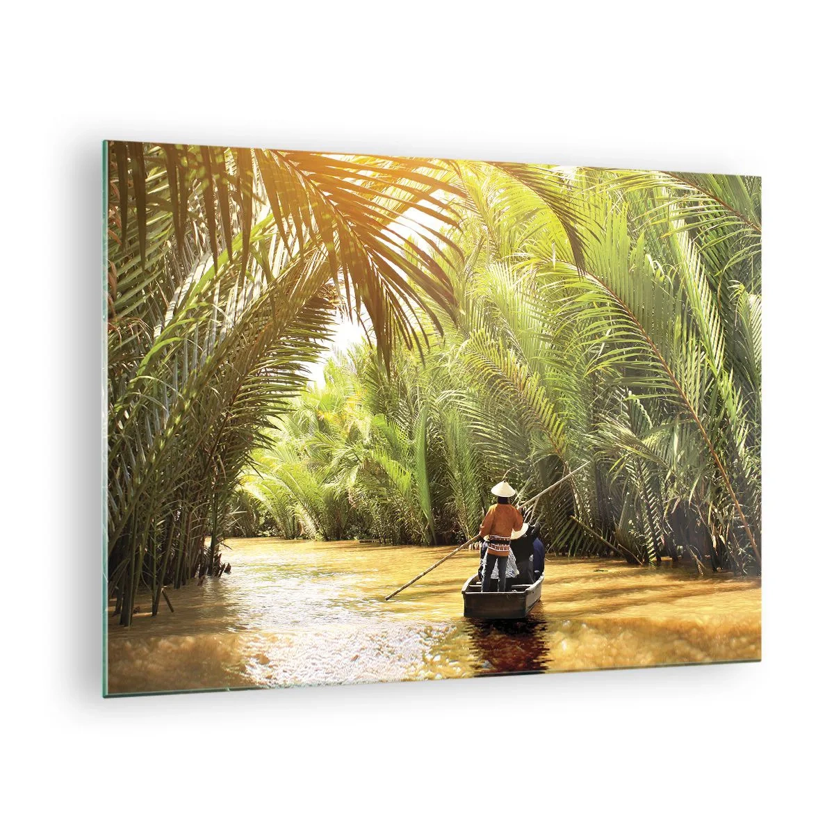 Schilderen op glas - Een boot met een man die hem roeit, vaart door een kloof met palmbomen - 70x50cm - Een palmravijn langs - Moderne wanddecoratie voor woonkamer en slaapkamer ARTTOR