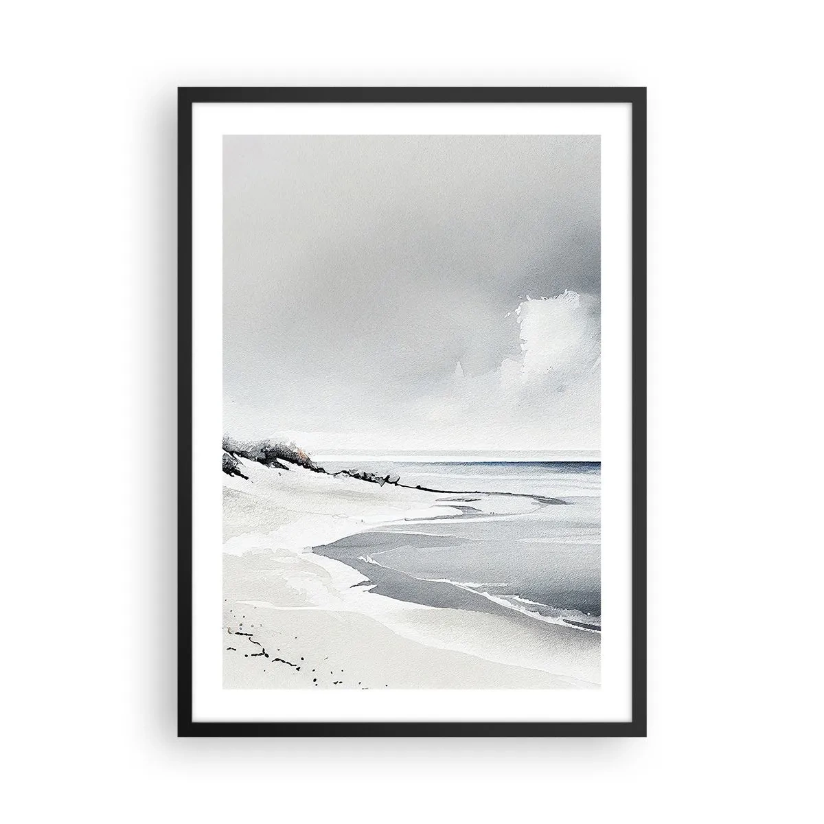 Poster in een zwarte lijst - Een minimalistisch strand in grijstinten - 50x70cm - Voor altijd samen - Moderne wanddecoratie voor woonkamer en slaapkamer ARTTOR