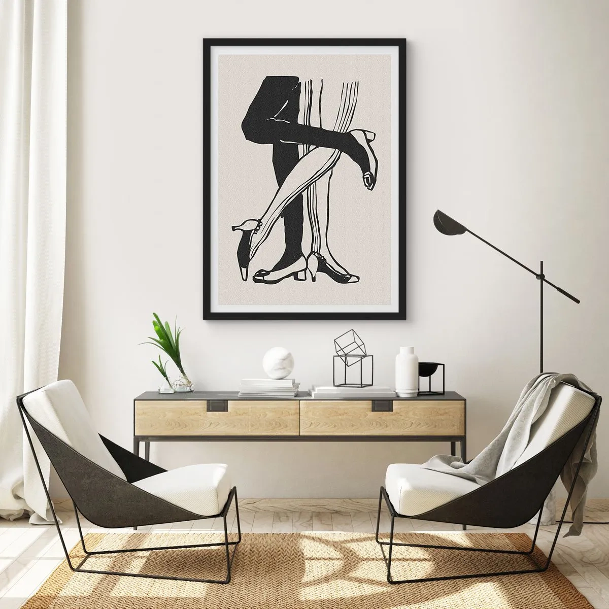 Poster in een zwarte lijst - Zwart-witillustratie van in elkaar verstrengelde benen die dansen - 50x70cm - Een vrouwelijk attribuut - Moderne wanddecoratie voor woonkamer en slaapkamer ARTTOR