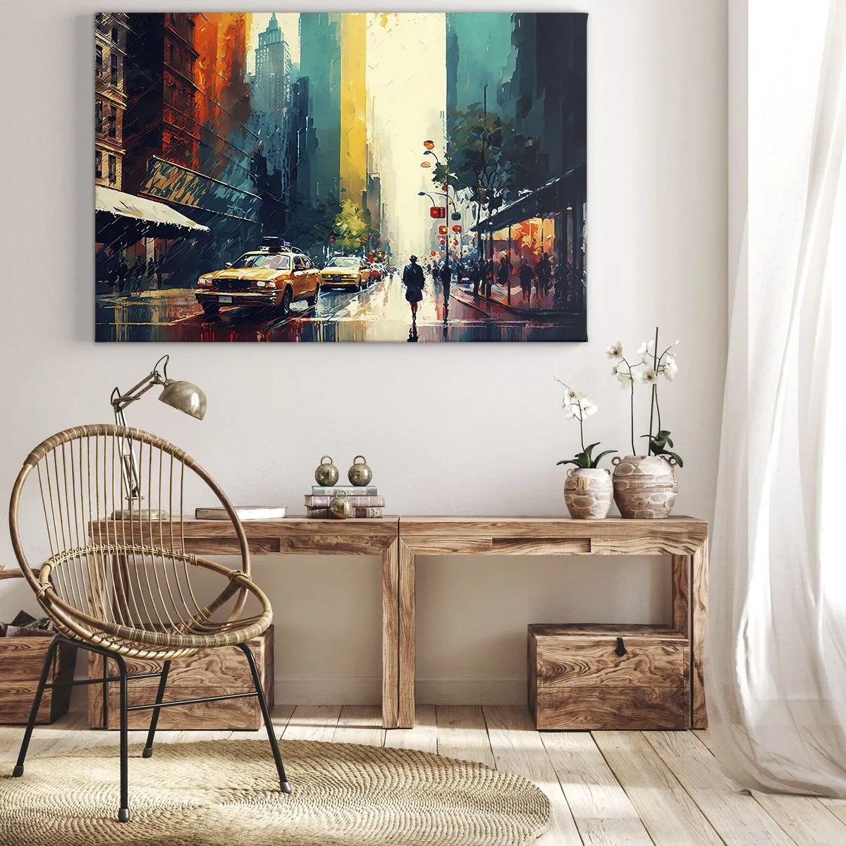 Schilderen op canvas - Een bruisende stad met taxi's en voorbijgangers - 70x50cm - New York – zelfs de regen is hier kleurrijk - Moderne wanddecoratie voor woonkamer en slaapkamer ARTTOR