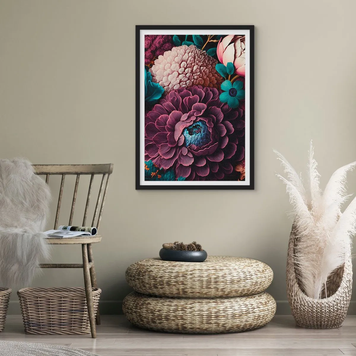 Poster in een zwarte lijst - Een bloemstuk in diepe tinten - 50x70cm - Natuur in overvloed - Moderne wanddecoratie voor woonkamer en slaapkamer ARTTOR