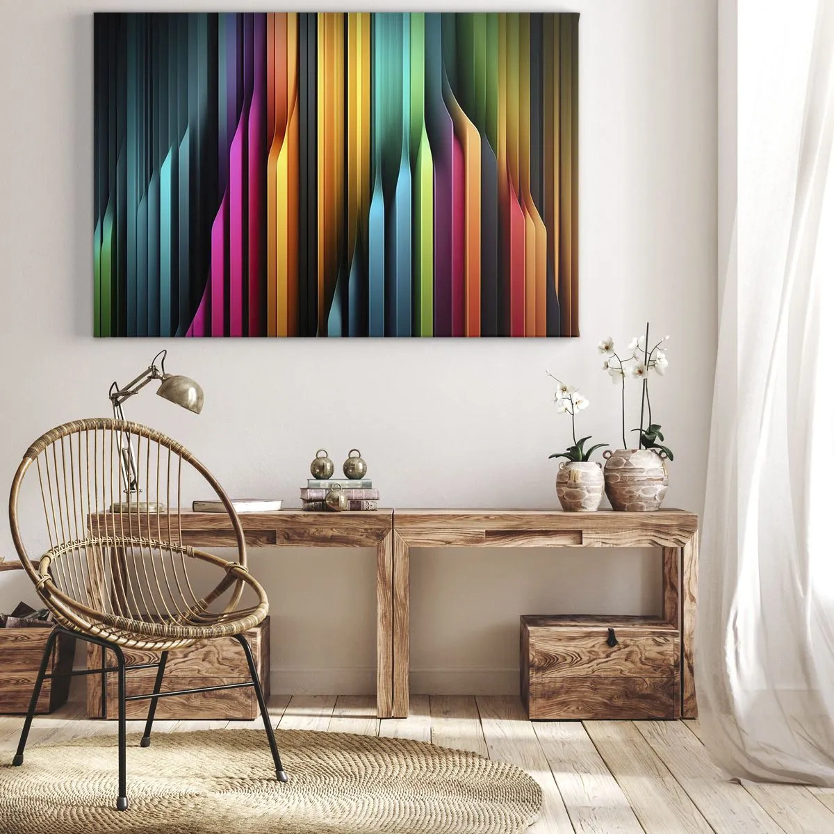 Schilderen op canvas - Kleurrijke verticale lijnen creëren een dynamische abstractie. - 70x50cm - Lichtorgel - Moderne wanddecoratie voor woonkamer en slaapkamer ARTTOR