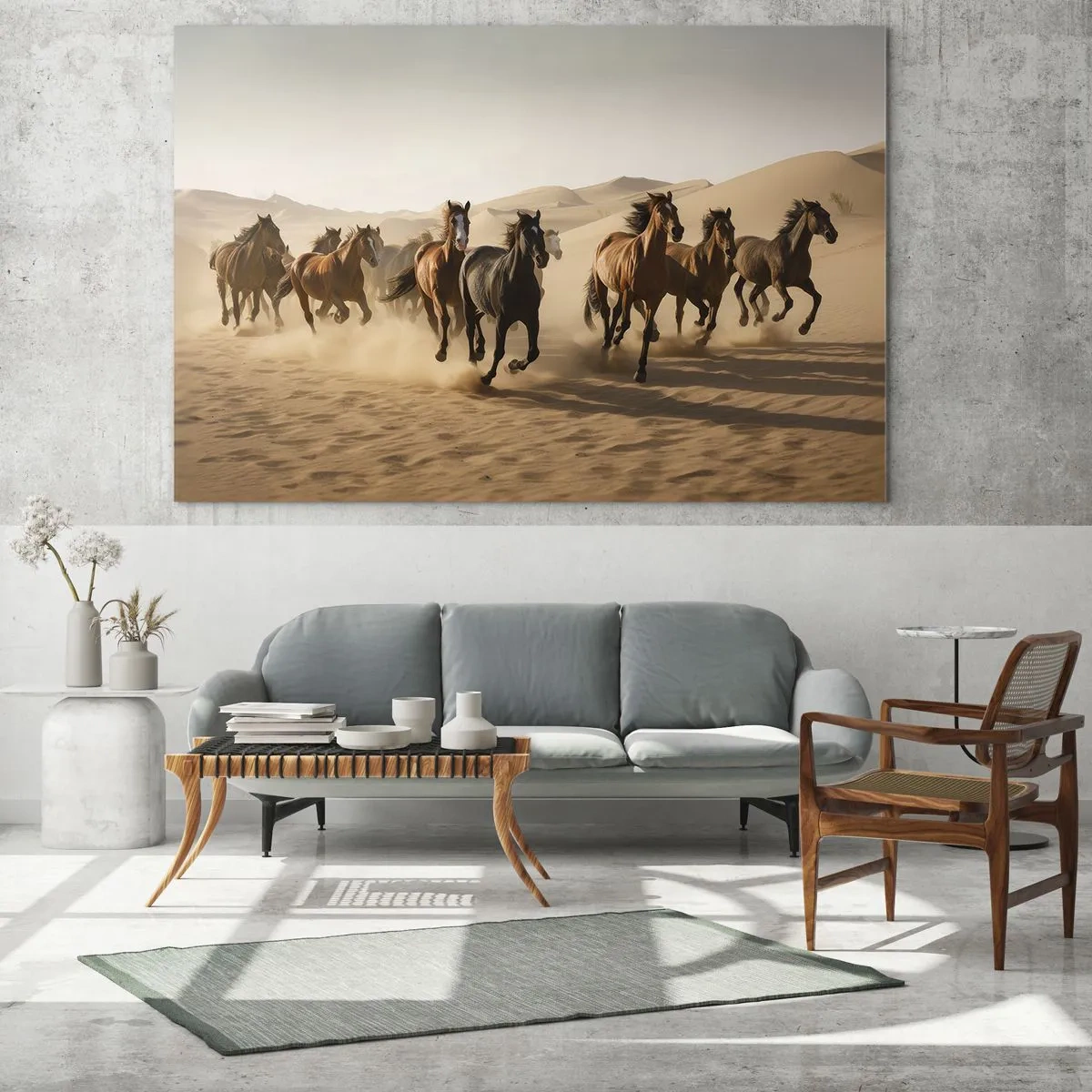 Schilderen op glas - Een kudde galopperende paarden in de woestijn tussen de zandduinen - 70x50cm - Vrij als de wind - Moderne wanddecoratie voor woonkamer en slaapkamer ARTTOR