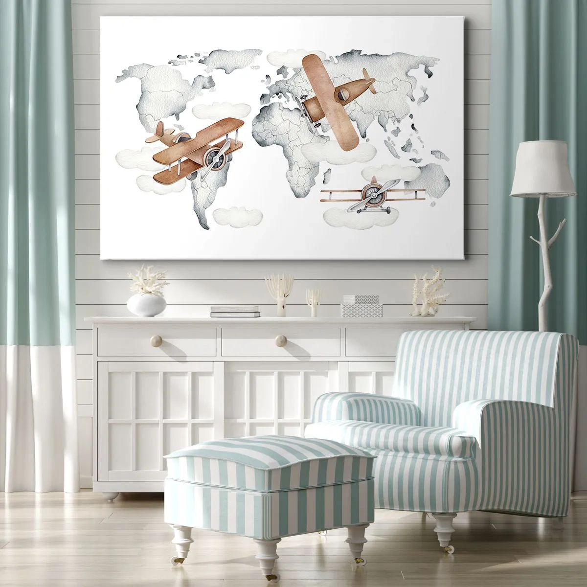Schilderen op canvas - Illustratie van een wereldkaart met vliegtuigen - 70x50cm - In een pioniersgeest - Moderne wanddecoratie voor woonkamer en slaapkamer ARTTOR