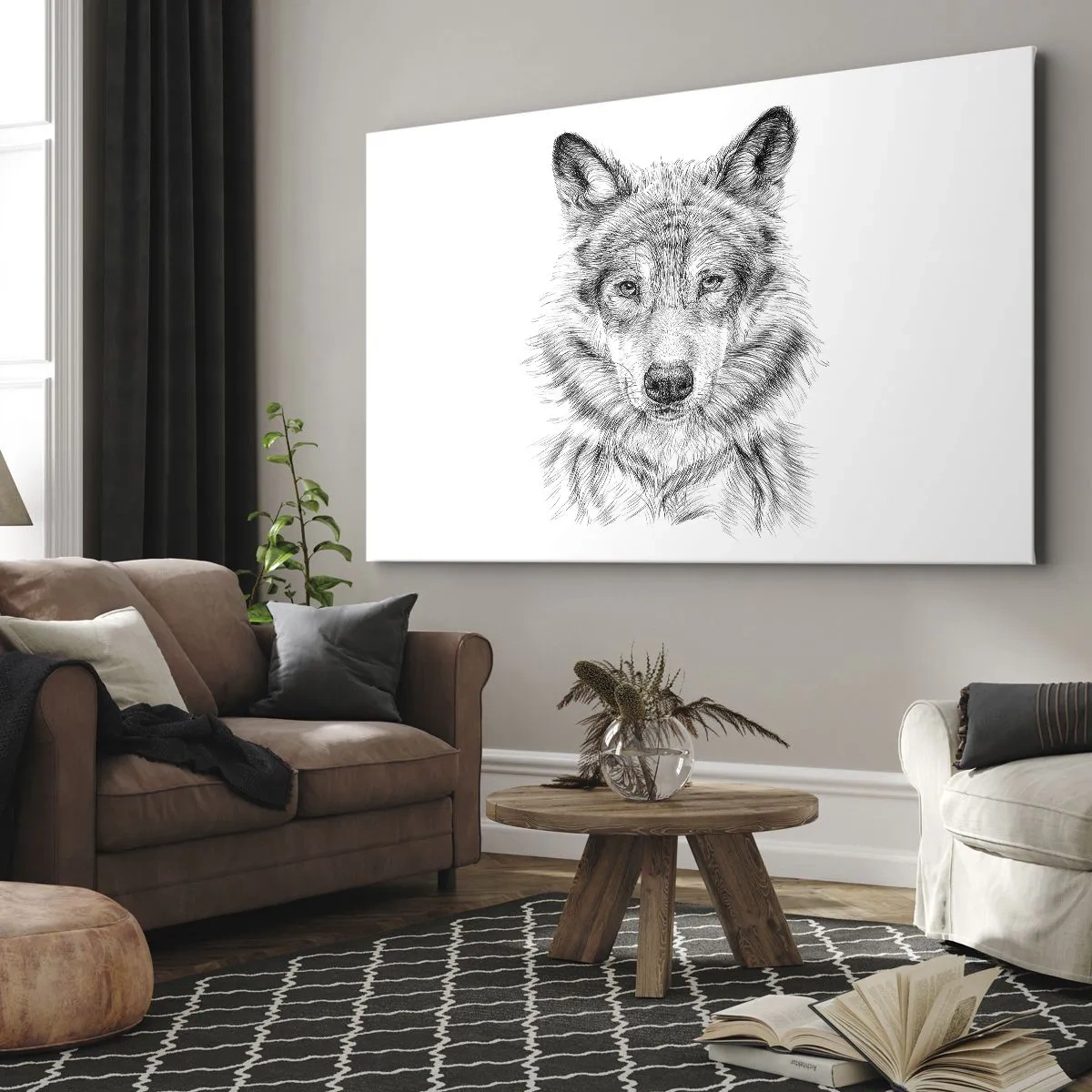 Schilderen op canvas - Schets van een wolvenkop in monochrome stijl op een witte achtergrond - 70x50cm - Een geboren leider - Moderne wanddecoratie voor woonkamer en slaapkamer ARTTOR