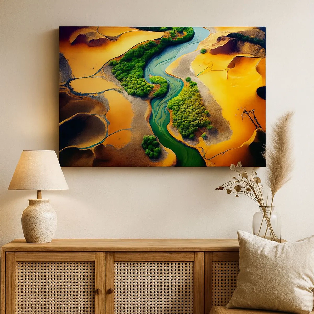 Schilderen op canvas - Een groene rivier omgeven door goudkleurig zand en vegetatie - 70x50cm - Levengevende rivier - Moderne wanddecoratie voor woonkamer en slaapkamer ARTTOR
