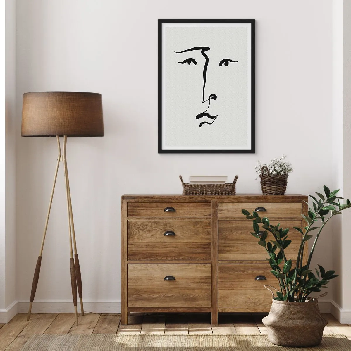 Poster in een zwarte lijst - Minimalistische gezichtsillustratie in één penseelstreek - 50x70cm - Portret met één lijn - Moderne wanddecoratie voor woonkamer en slaapkamer ARTTOR