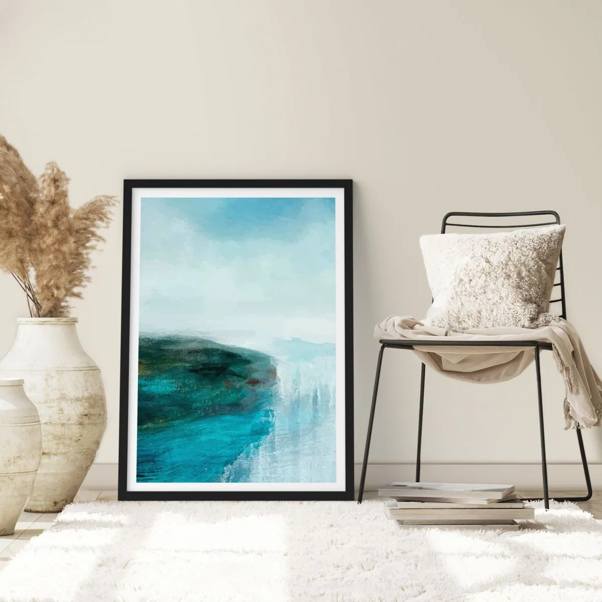 Poster in een zwarte lijst - Een schilderachtig landschap met een klif boven het water in verschillende blauwtinten. - 50x70cm - Nautische abstractie - Moderne wanddecoratie voor woonkamer en slaapkamer ARTTOR