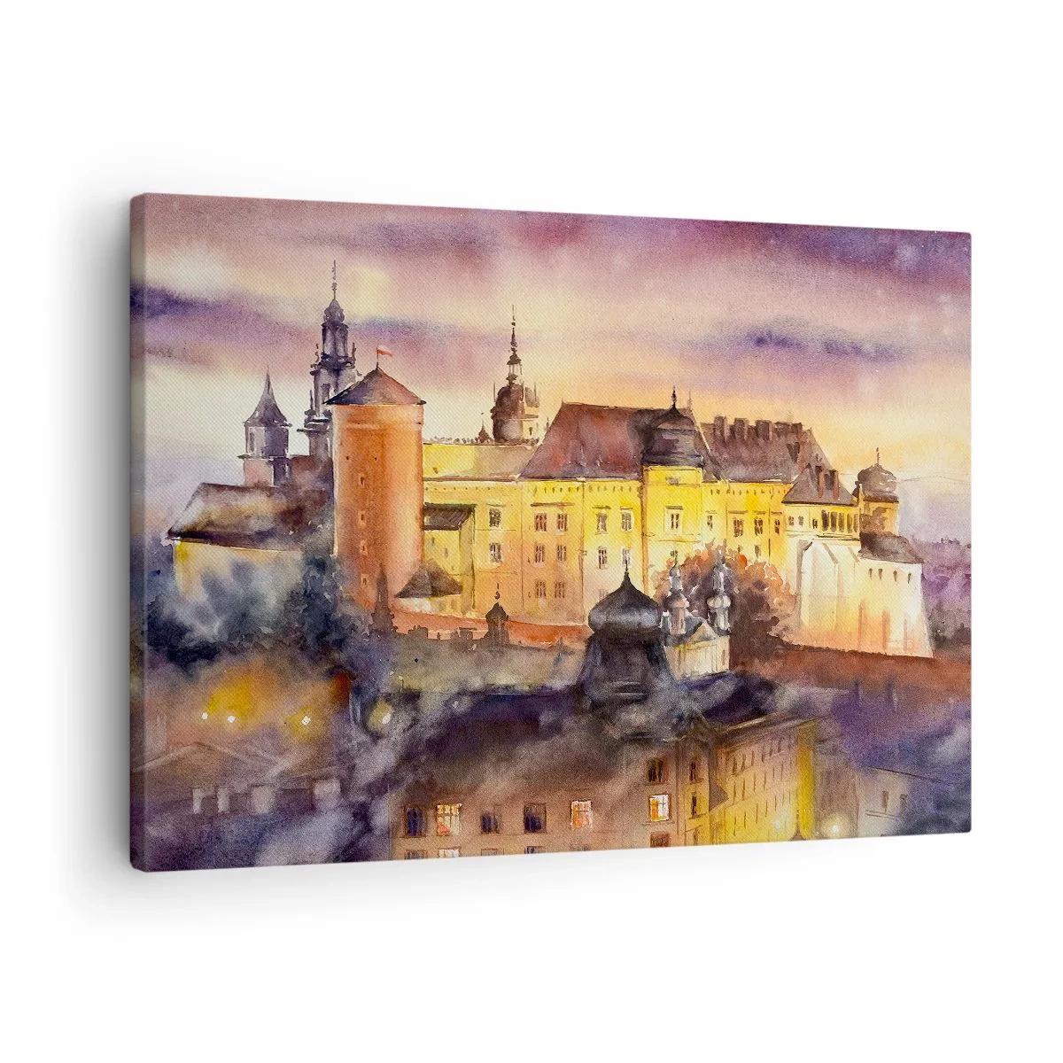 Schilderen op canvas - Een schilderachtig aquarelschilderij van een kasteel bij zonsondergang - 70x50cm - Geschiedenis en sprookje - Moderne wanddecoratie voor woonkamer en slaapkamer ARTTOR