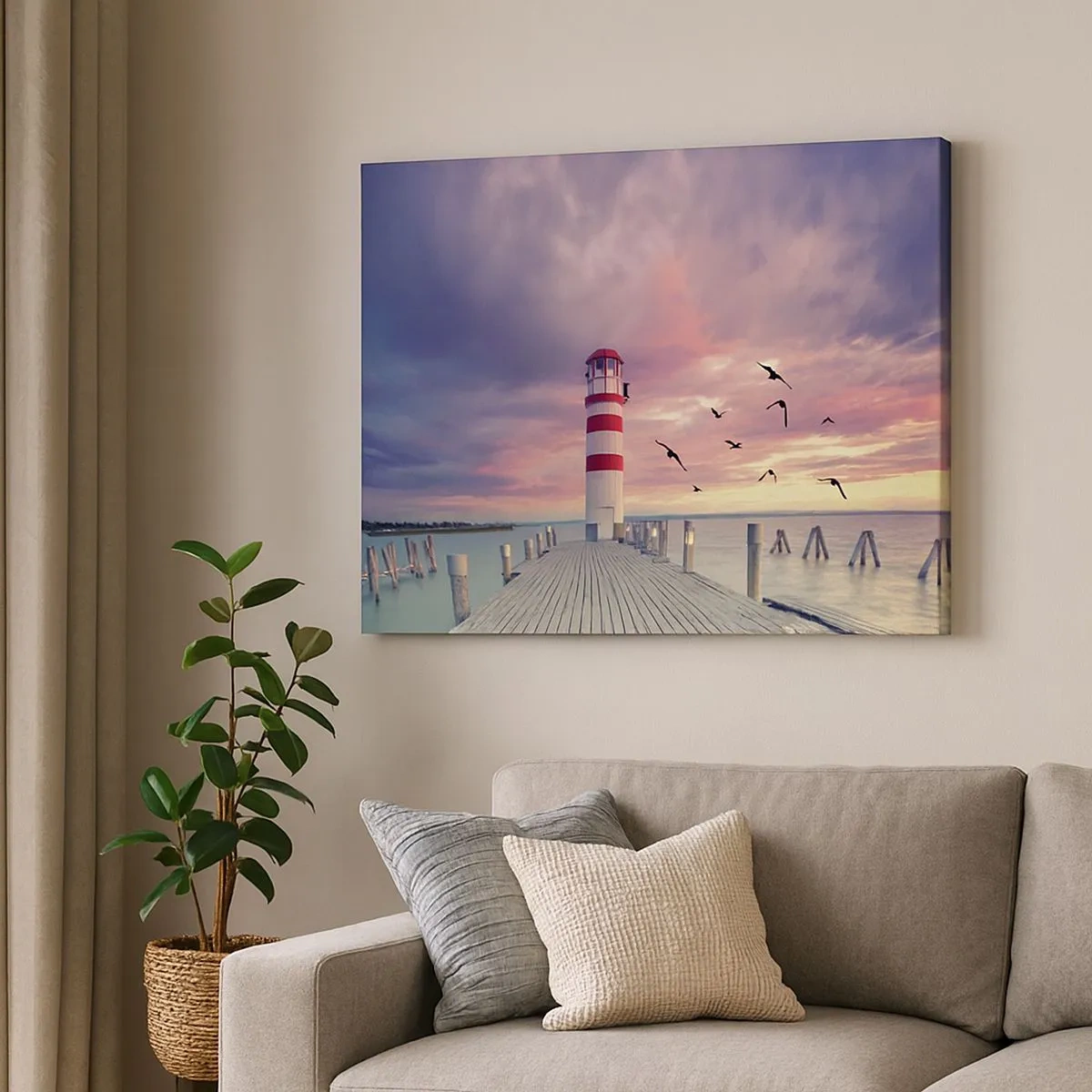Schilderen op canvas - Een vuurtoren op de pier, omringd door een schilderachtige zonsondergang - 70x50cm - Het is tijd naar de haven te gaan - Moderne wanddecoratie voor woonkamer en slaapkamer ARTTOR