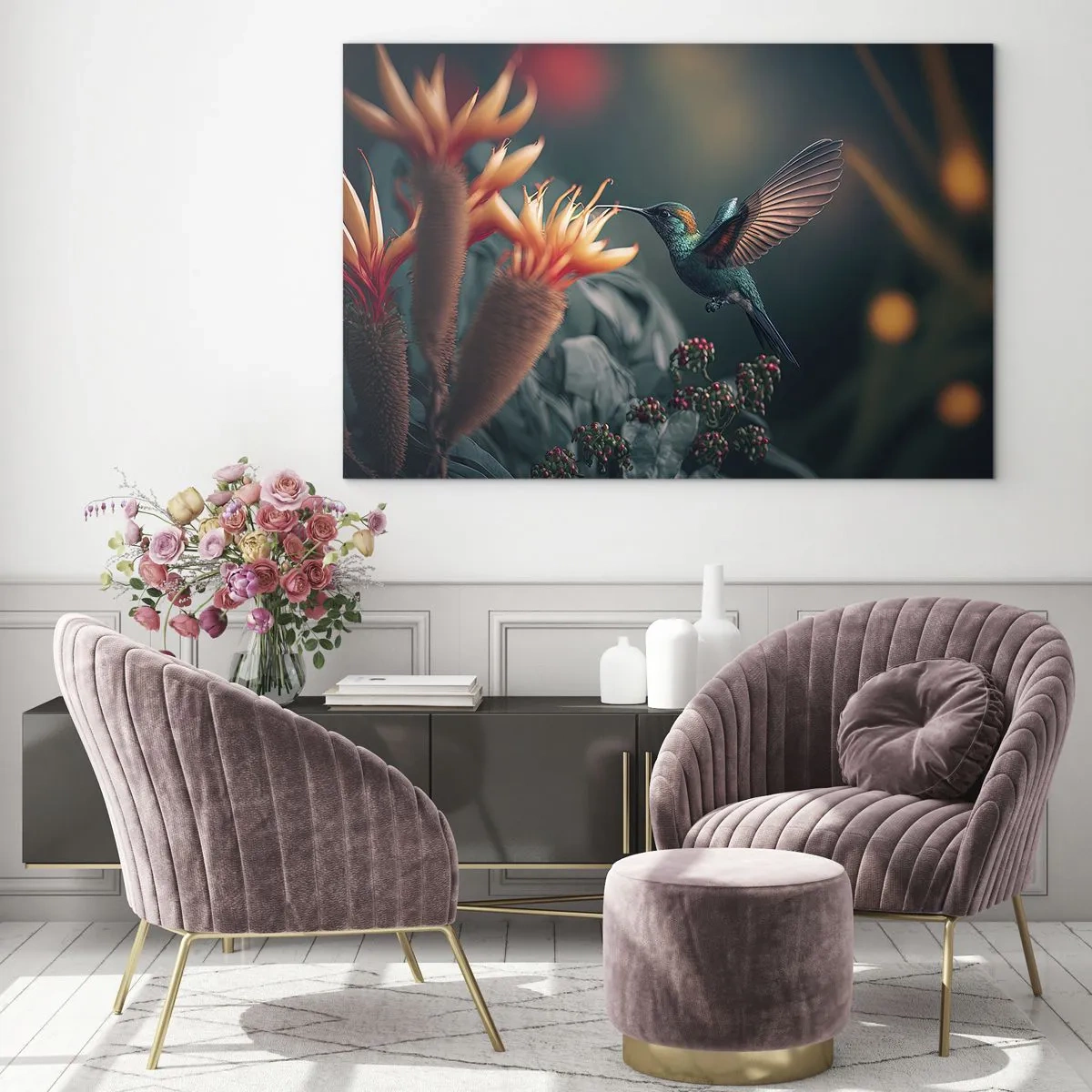 Schilderen op glas - Een kolibrie zweeft boven exotische bloemen tussen de bladeren. - 70x50cm - een werkelijk kleurrijk leven - Moderne wanddecoratie voor woonkamer en slaapkamer ARTTOR