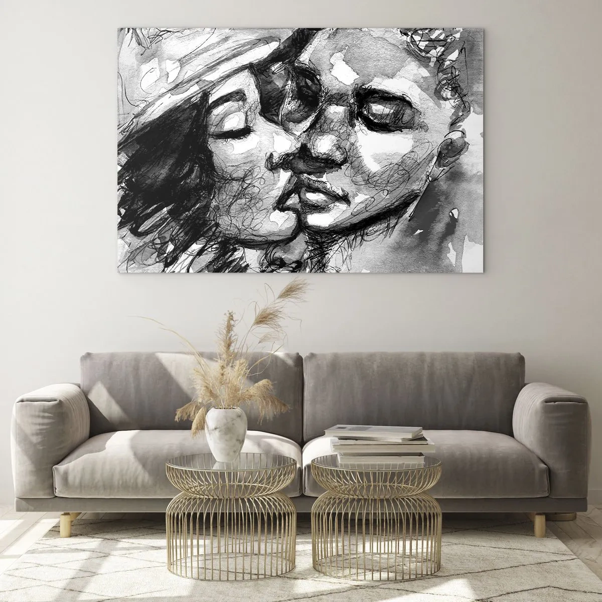 Schilderen op glas - Zwart-wit schets van een tedere kus - 70x50cm - Een teder moment - Moderne wanddecoratie voor woonkamer en slaapkamer ARTTOR