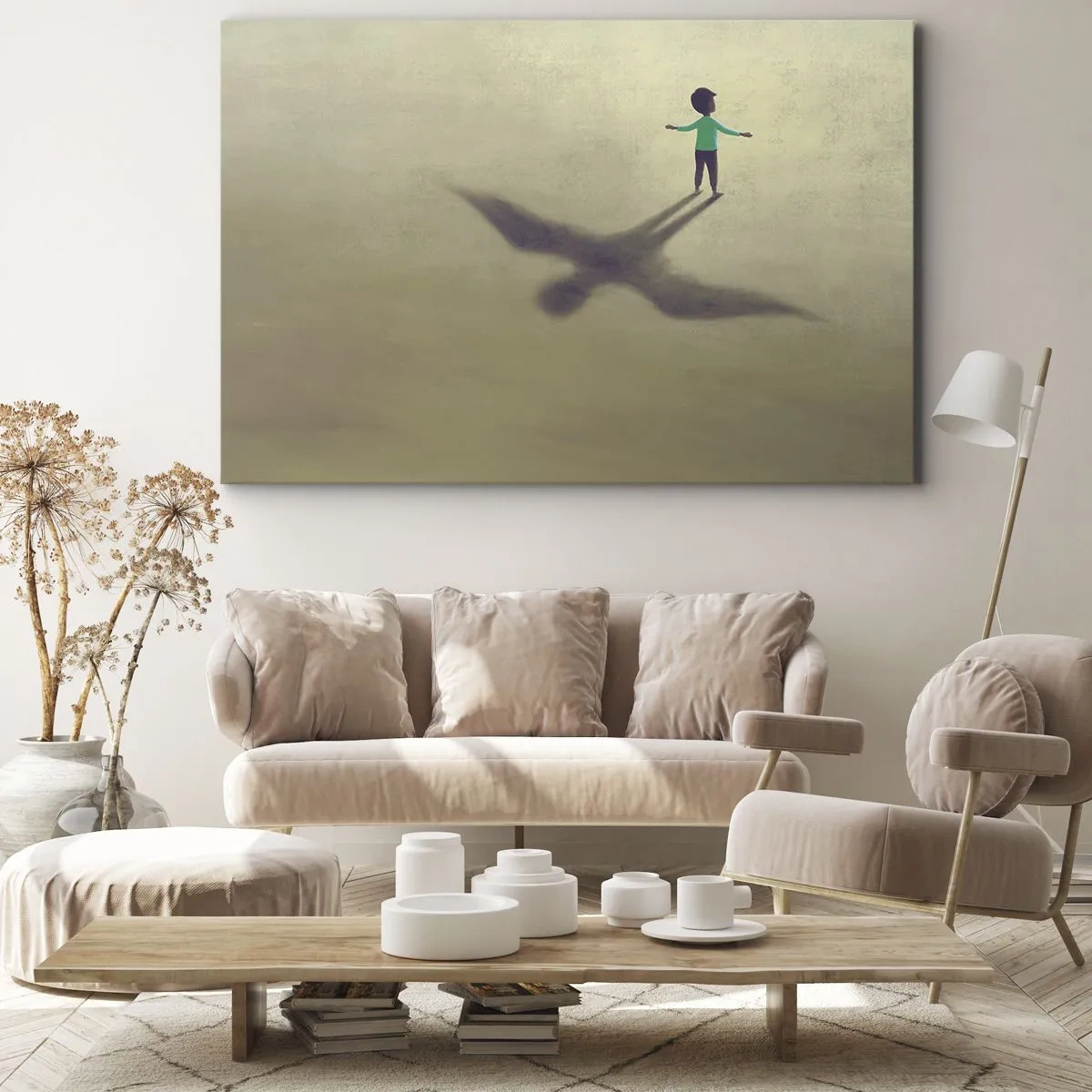 Schilderen op canvas - Een symbolische afbeelding van een kind met de schaduw van een vogel tegen een achtergrond in warme tinten. - 70x50cm - De held van de toekomst - Moderne wanddecoratie voor woonkamer en slaapkamer ARTTOR