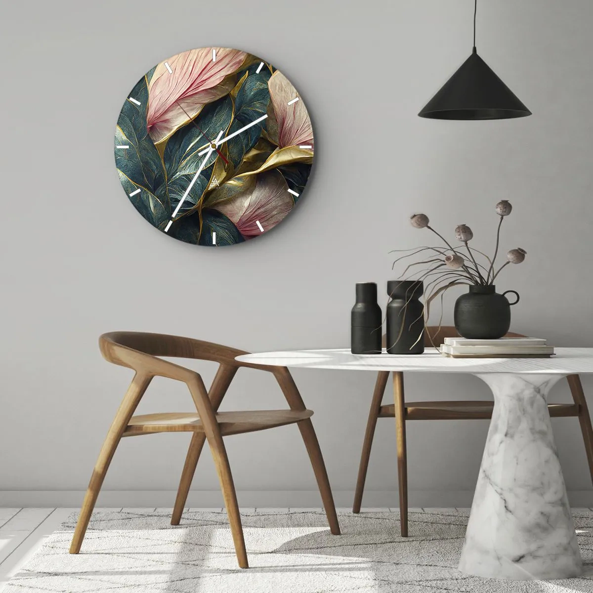 Wandklok - Klok - Bladeren in tinten groen, goud en roze in een elegante vorm - 30x30cm - Natuurlijke elegantie en stijl - Moderne wanddecoratie voor woonkamer, keuken en slaapkamer ARTTOR