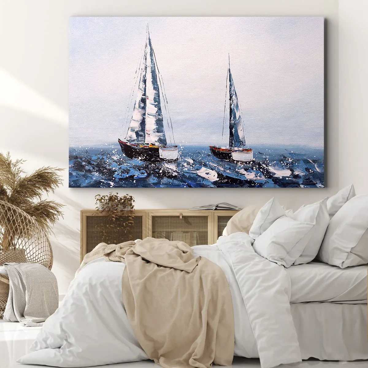 Schilderen op canvas - Zeilboten op een stormachtige zee in een schilderachtige compositie - 70x50cm - Broederschap van de wind - Moderne wanddecoratie voor woonkamer en slaapkamer ARTTOR