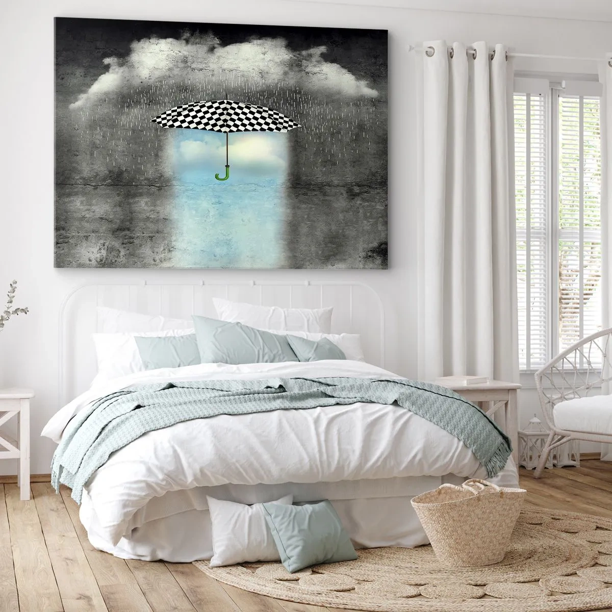 Schilderen op canvas - Een geruite paraplu boven een regenachtig landschap - 70x50cm - Toch mogelijk - Moderne wanddecoratie voor woonkamer en slaapkamer ARTTOR