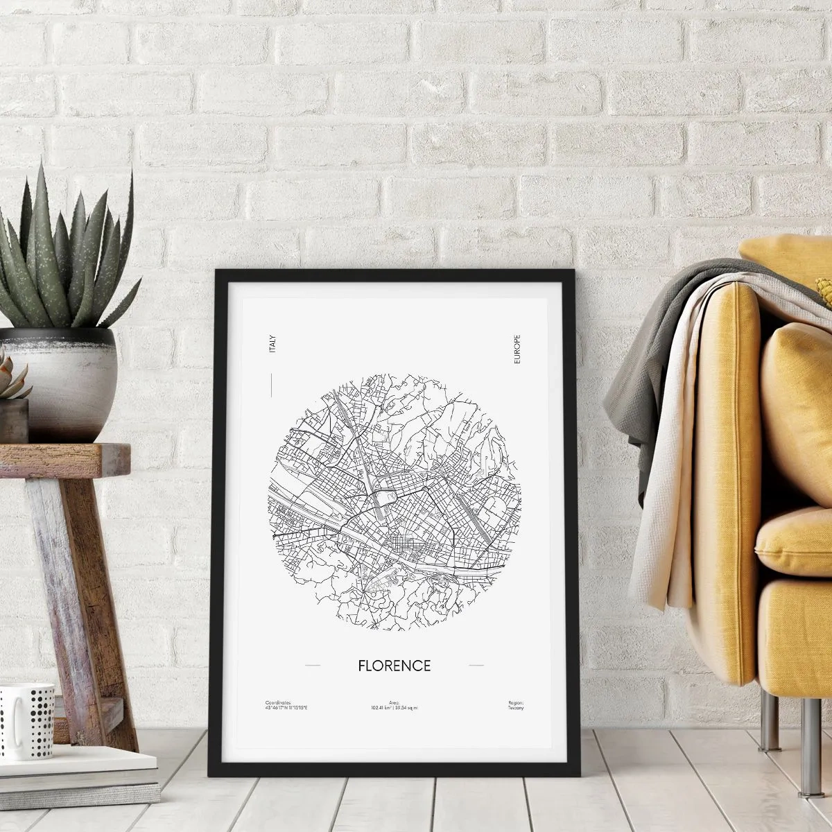 Poster in een zwarte lijst - Een minimalistische kaart van Florence in zwart-wit. - 50x70cm - Anatomie van Florencia - Moderne wanddecoratie voor woonkamer en slaapkamer ARTTOR