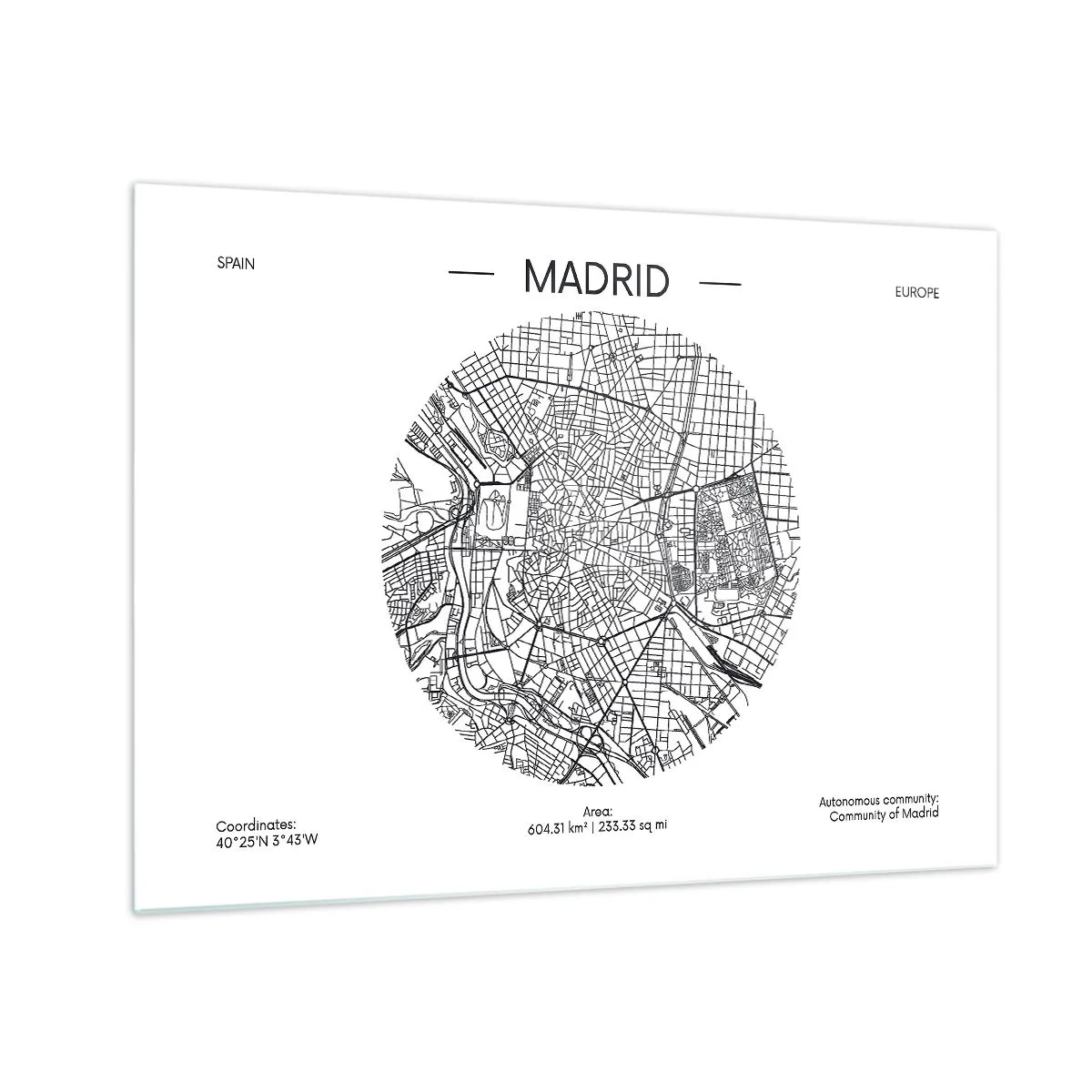 Schilderen op glas - Een minimalistische zwart-witte kaart van Madrid in een cirkelvorm. - 70x50cm - Anatomie van Madrid - Moderne wanddecoratie voor woonkamer en slaapkamer ARTTOR