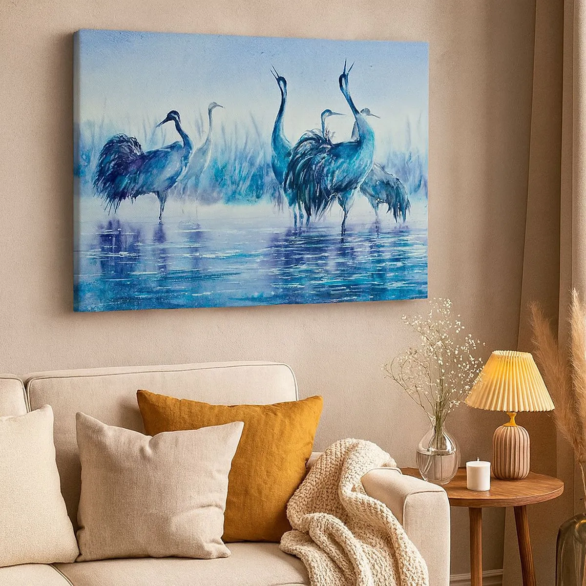 Schilderen op canvas - Kranen tegen de achtergrond van mist en water in blauwe tinten - 70x50cm - Ochtendvergadering - Moderne wanddecoratie voor woonkamer en slaapkamer ARTTOR