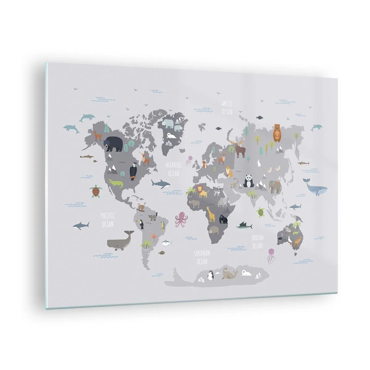 Schilderen op glas - Geïllustreerde wereldkaart met karakteristieke dieren - 70x50cm - Vertel me waar je vandaan komt ... - Moderne wanddecoratie voor woonkamer en slaapkamer ARTTOR