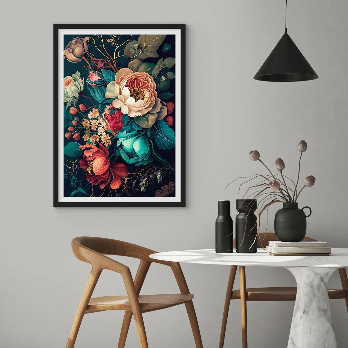 Poster in een zwarte lijst - Een boeket bloemen in barokstijl op een donkere achtergrond - 50x70cm - 19e-eeuwse charme - Moderne wanddecoratie voor woonkamer en slaapkamer ARTTOR