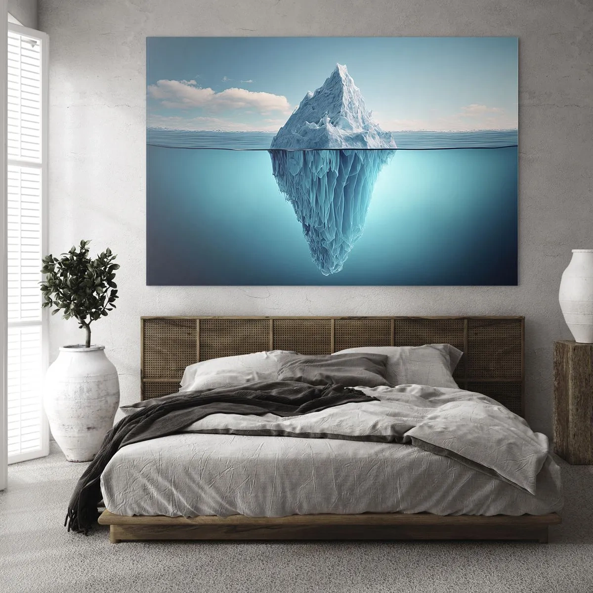 Schilderen op glas - Een ijsberg die in de oceaan drijft, waarvan een deel onder water zichtbaar is. - 70x50cm - Koningin van het ijs - Moderne wanddecoratie voor woonkamer en slaapkamer ARTTOR